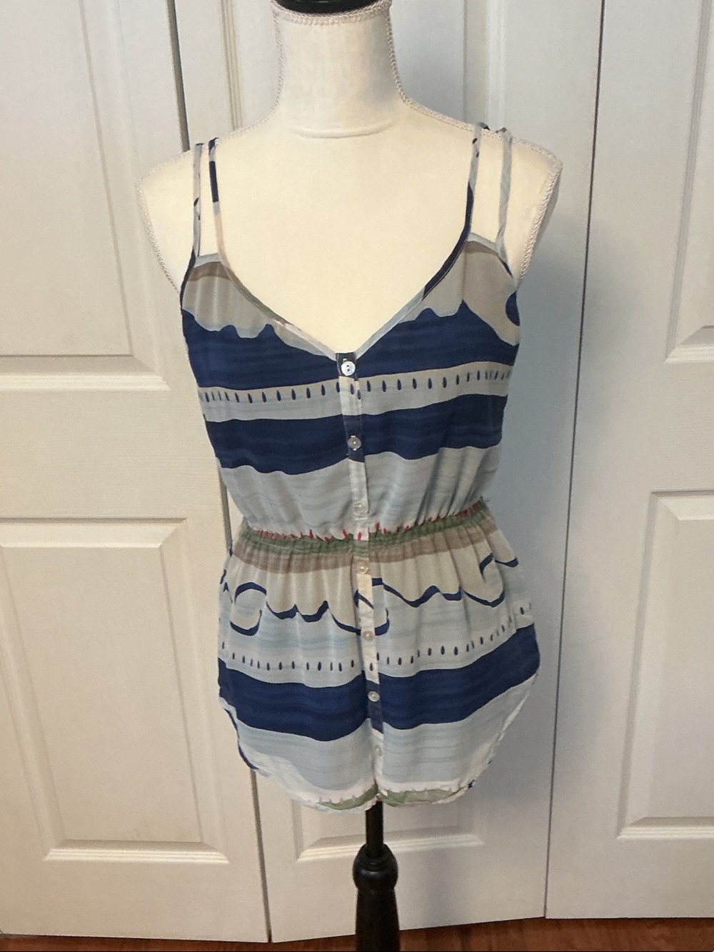 Striped Blue and Cream Spaghetti-Strap Button-Front Camisole